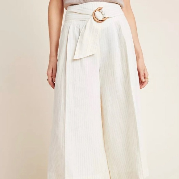 Anthropologie Palm Beach Linen Blend Wide Leg Crop Cream Pinstripe Belted Pant - Picture 2 of 16